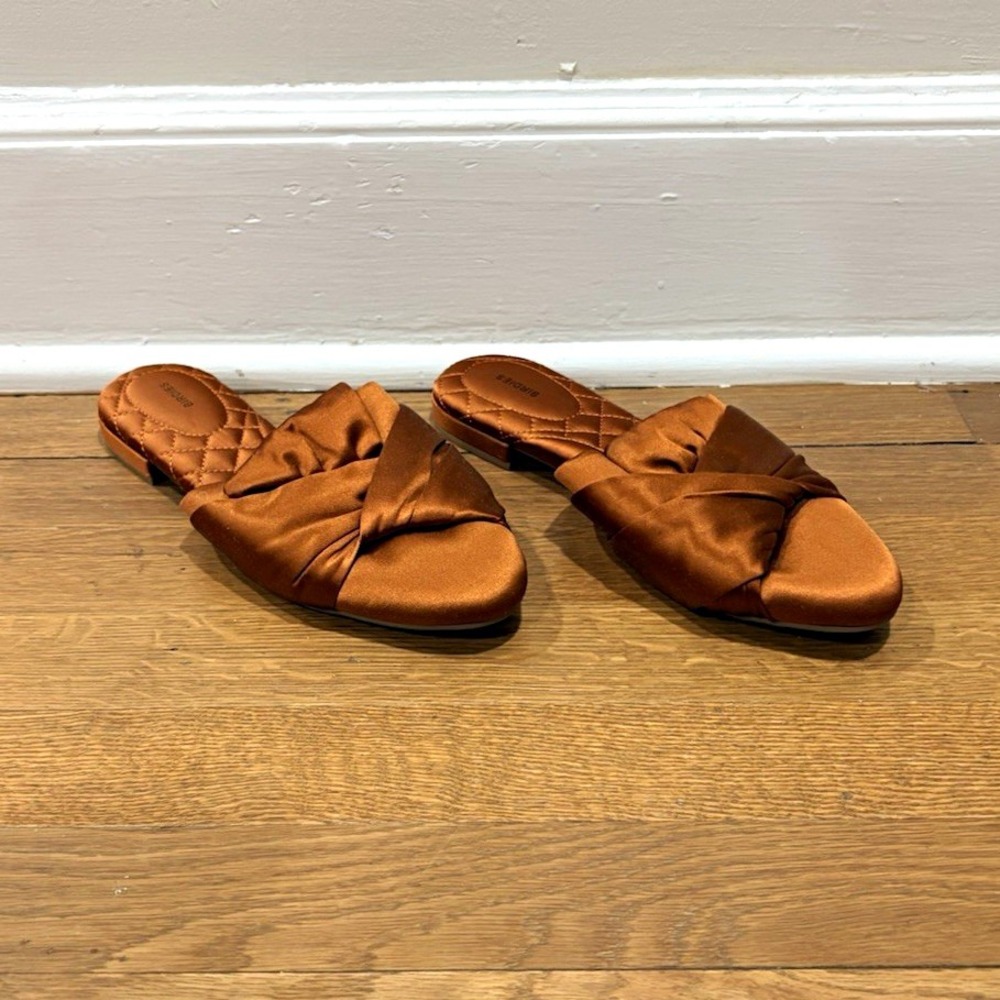 Birdies Copper Brown Knotted Satin Quilted Cushioned Slides Mules Women's Sz 7.5